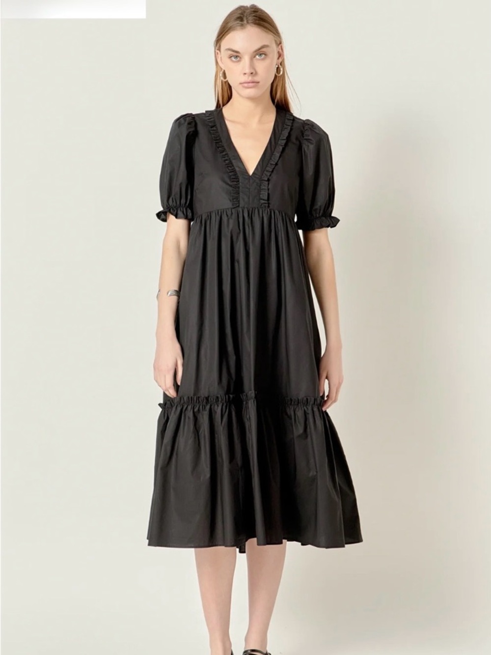 English Factory Solid Black V-Neck Puff Sleeve Tiered Midi Dress